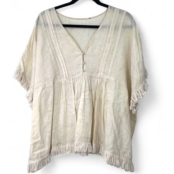 WRAP London XL 14 100% Pure Linen Top Blouse Peasant Pleated Fringe Women - Picture 1 of 4